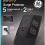 GE Adapt 5-Outlet Surge Protector Power Strip, USB Hub, 3ft Braided Cord, Black - Image 2