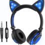 Olyre Cat Headphones for Girls Boys,Flashing LED Headphones with Microphone On Ear Universal Wired 3.5mm Stereo Headset for Computer Tablet iPad Mobile Phones(Blue) - Image 1