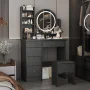 5-Drawers Black Wood Makeup Vanity Set Dressing Desk W/Stool, LED Round Mirror and Storage Shelves - Image 2
