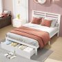 Full Bed Frame with 2 Drawers, UHOMEPRO Pine Wood Platform Bed Frame Storage Bed for Bedroom, Modern Full Size Bed Frame with Headboard, Wood Slats Support, No Box Spring Needed, White - Image 2