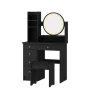 5-Drawers Black Wood Makeup Vanity Set Dressing Desk W/Stool, LED Round Mirror and Storage Shelves - Image 4