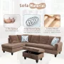 Aukfa 3 Piece L-shape Sectional Sofa Couch w/ Storage Ottoman, 2 Pillows, Pineapple Velvet, Brown - Image 3