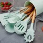 Kitchen Utensils Set-Cooking Utensils Set with Wooden Handle, Set of 13-Non-Stick Slicone Utensils, Green - Image 2