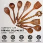 Natural Teak Wood Kitchen Utensils Set, 9 Piece Thickened Wooden Spoons and Spatula for Cooking, Non-Stick Heat Resistant Cookware, Brown - Image 2