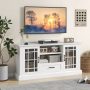 White TV Stand for TVs up to 70 with Glass Doors Cubbies and Drawer - Image 2