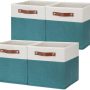HNZIGE Fabric Storage Cube Bins Baskets for Organizing, 11 inch Cube Storage Bins, Set of 4, Collapsible Storage Bin with Handles, Closet Organizers and Storage Home Toy Nursery Bedroom(White Teal) - Image 1