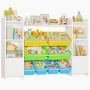 Homfa Kids Toy Organization Cubby Bookcase with 8 Bin, 2 Door Blue/Green/Yellow Storage Organizer Bookshelf for Children Room Playroom - Image 2