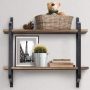 24in 2 Tier Iron Wood Wall Floating Shelf Industrial Wood Metal Storage Shelf - Image 4