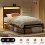 GUNAITO Twin Size Bed Frame with Headboard Metal Platform Bed with LED Lights and Charging Station Rustic Brown - Image 6