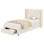 Homfa Queen Size LED Bed Frame with Storage, Wingback Platform Bed with Velvet Upholstered Headboard, Off-White - Image 4