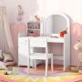 Kids Vanity Table and Chair Set with Shelves Drawer and Cabinet - White - Image 2