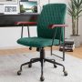 Green Velvet Home Office Chair with Wooden Armrest - Image 1