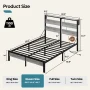 Bestier Queen Size Platform Bed Frame with Storage Headboard, LED Lights & USB Charging Station, Metal Bed Frame Gray - Image 2