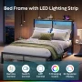 Bestier Queen Size Platform Bed Frame with Storage Headboard, LED Lights & USB Charging Station, Metal Bed Frame Gray - Image 3