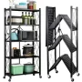 5 Tier Storage Shelves with Wheels 27.9''x 13.4'' x 62.5'' Collapsible Kitchen Rolling Cart, Metal Garage Shelving, Foldable Shelf with Wheels,Storage Rack on Wheel, Foldable Shelf Unit - Image 1