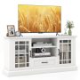 White TV Stand for TVs up to 70 with Glass Doors Cubbies and Drawer - Image 3