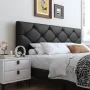 Queen Bed Frame with Upholstered Faux Leather Headboard, UHOMEPRO Platform Bed Frame with Wood Slat Support, No Box Spring Needed, Black - Image 2