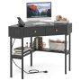Triangle Corner Desk with Charging Station with 2 Drawers and Storage Shelf - Black - Image 3