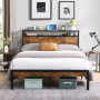 Queen Size Metal Platform Bed Frame With Wooden Headboard And Footboard With USB LINER - Image 1