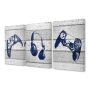 16 in. x 24 in. "Video Gamer Trio Controllers Headset Blue Graphics on Planks" by Daphne Polselli Canvas Wall Art - Image 1