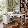 55.1" W : "L" Shape Wooden Computer Desk White Finish with 1-Drawer, Open Shelves and Eco-Friendly Paint Finish - Image 1