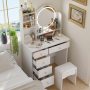 5-Drawers White Wood Makeup Vanity Set Dressing Desk W/Stool, LED Round Mirror and Storage Shelves - Image 1