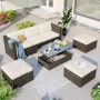5-Piece Wicker Outdoor Sectional Set with Beige Cushions, Lift Top Coffee Table - Image 1