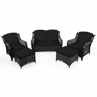 5-Piece-Wicker-Patio-Conversation-Set-w-Black-Cushions-and-2-Ottomans