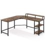Lanita 34 in. L Shaped Rustic Brown Wood Computer Desk with Large Monitor Stand and Adjustable Shelves - Image 1