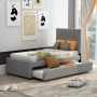 Gray Twin Size Linen Upholstered Platform Bed with Headboard and Trundle - Image 1