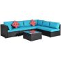 Black 7-Piece Wicker Patio Conversation Set with Blue Cushions - Image 1