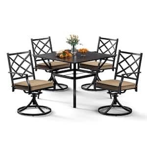 Black-5-Piece-Metal-Square-Table-with-1-57-in-Umbrella-Hole-Outdoor-Dining-Set-and-Swivel-Chair-with-Beige-Cushion