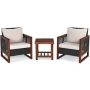 3-Piece Acacia Wood Patio Conversation Set with Square Wooden Table Hallow Wicker and Beige Cushions - Image 1