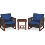 3-Piece Acacia Wood Patio Conversation Set w/ Square Wooden Table Hallow Wicker and Blue Cushions - Image 1