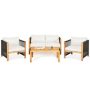 Tightly Woven Strings 4-Piece Acacia Wood Patio Conversation Set w/ 4 in. Thick White Cushions - Image 1