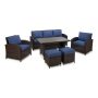 6-Piece Wicker Patio Conversation Set w/ Blue Cushions and Ottomans - Image 1