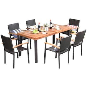 Costway-30-in-Brown-7-Pieces-Wicker-Rectangular-Outdoor-Dining-Set-Acacia-Wood-Table-Top-Stackable-Chairs