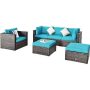 Costway 6-Piece Wicker Patio Conversation Set Cushion Sofa Coffee Table Ottoman w/ Turquoise Cushion - Image 1