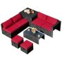 Costway 8-Piece Wicker Patio Conversation Set Storage Table Ottoman with Red Cushions - Image 1