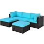 Costway Ottoman 5-Piece Patio Rattan Sectional Conversation Set w/ Turquoise Cushions - Image 1