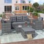 5-Piece Outdoor PE Wicker Patio Sofa Set with Storage Bench Conversation Set with Glass Table and Gray Cushions - Image 1