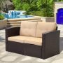 2 Pieces Outdoor Rattan Sectional Sofa Patio Wicker Furniture Sets with Beige Cushions - Image 1