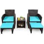 Costway 5-Piece Wicker Patio Conversation Set with Turquoise Cushions Sofa Coffee Table Ottoman - Image 1