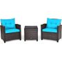 Costway Mix Brown 3-Piece Wicker Steel Patio Conversation Set Sofa Coffee Table with Turquoise Cushions - Image 1