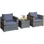 Costway 3-pc Patio Wicker Furniture Outdoor Bistro Set Cushioned Sofa Chair Glass Table Garden with Gray Cushions - GHM0437 - Image 1