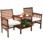 Costway 3-Piece Wood Patio Conversation Set Acacia Wood Chair Coffee Table w/ White Cushions - Image 1