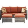 Vultros Gray 3-Piece Wicker Outdoor Patio Seating Set w/ Orange Red Cushions-one 3-Seat Sofa and 2 Ottomans - Image 1