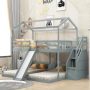 Gray Full Over Twin and Twin Bunk Bed with Slide and Storage Staircase, Built-in Drawer and Shelf - Image 1