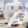 GOJANE White Twin over Twin House Bunk Bed with Trundle and Slide, Storage Staircase, Roof and Window Design - Image 1