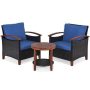 3-Pieces Patio Wicker Rattan Conversation Set Outdoor Furniture Set w/ Blue Cushion - Image 1